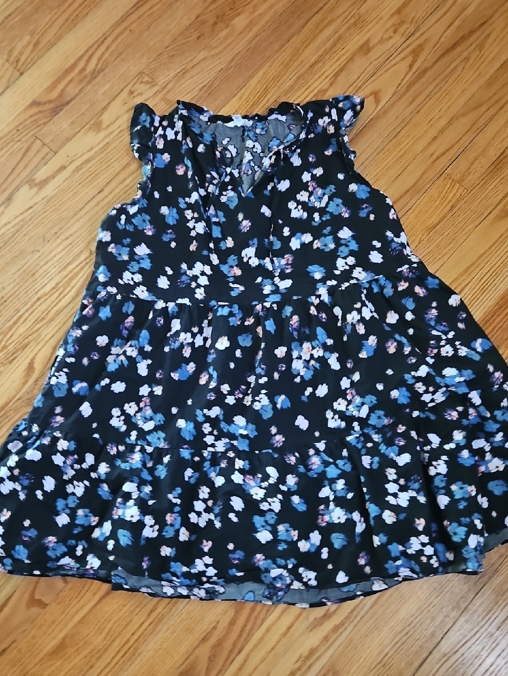 Time and Tru Black Floral Tiered Dress with Blue and Pink Accents, Has Pockets